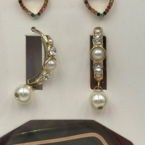 Steve Madden 3 Pair Earrings & Trinket Tray Gift Set Multicolor & Pearl Accents - Picture 2 of 4